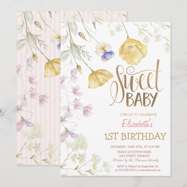 Invitation Aquarelle Fleurs Sauvages Anniversaire Rayé (Devant / Derrière)
