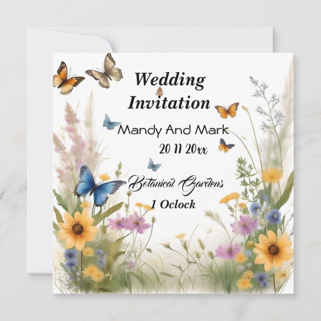Invitation Aquarelle Fleurs sauvages Et Papillons, Mariage (Devant)