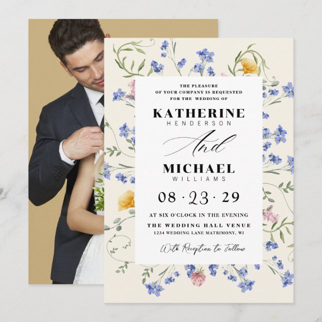 Invitation Aquarelle Fleurs Sauvages Prairie & Ajouter une ph (Devant / Derrière)