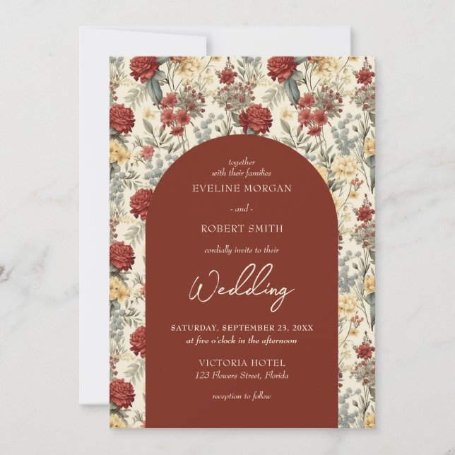 Invitation Aquarelle fleurs sauvages terre cuite ivoire arche (Devant)