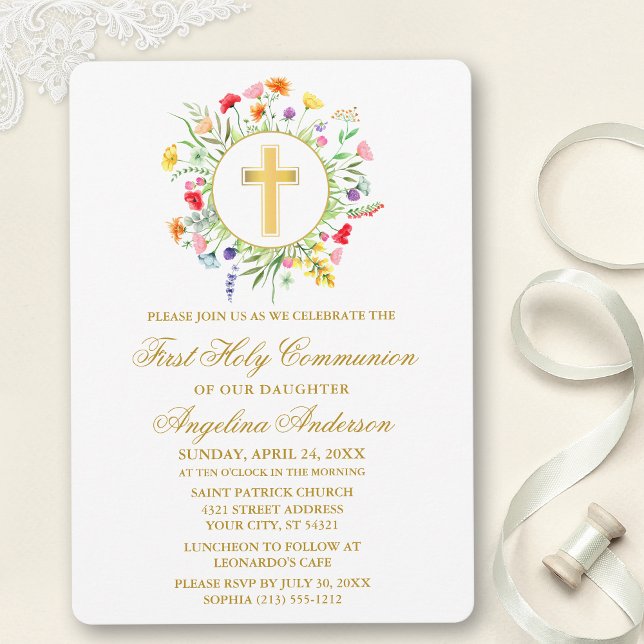 Invitation Aquarelle Fleurs sauvages Wreath Première Communio (Customize to change text color, size, style or to add photos or more text to back of card.)