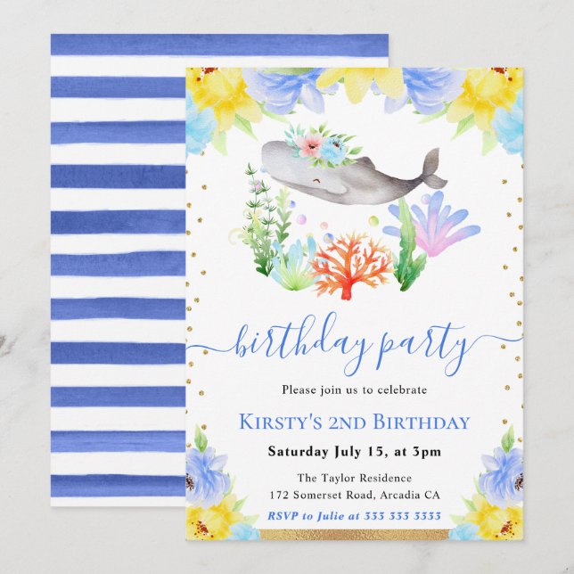 Invitation Aquarelle Fleurs Sous-Marines Baleine Anniversaire (Devant / Derrière)