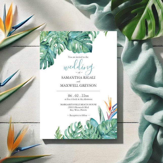 Invitation Aquarelle Fleurs tropicales et Mariage de verdure (Tropical destination wedding invitations watercolor floral and palm leaf art by Victoria Grigaliunas)
