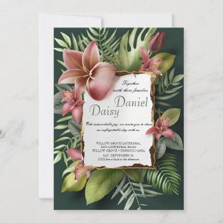 Invitation Aquarelle Fleurs tropicales et Mariage vert I