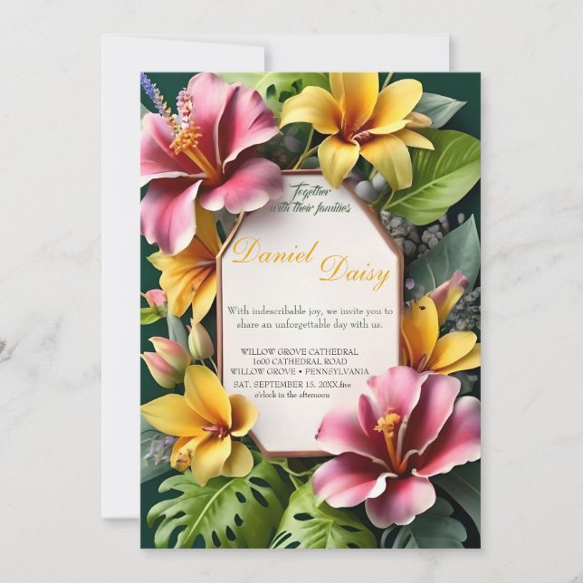 Invitation Aquarelle Fleurs tropicales et Mariage vert I (Devant)