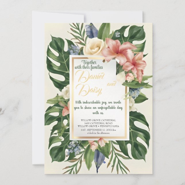 Invitation Aquarelle Fleurs tropicales et Mariage vert I (Devant)