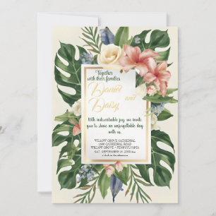 Invitation Aquarelle Fleurs tropicales et Mariage vert I