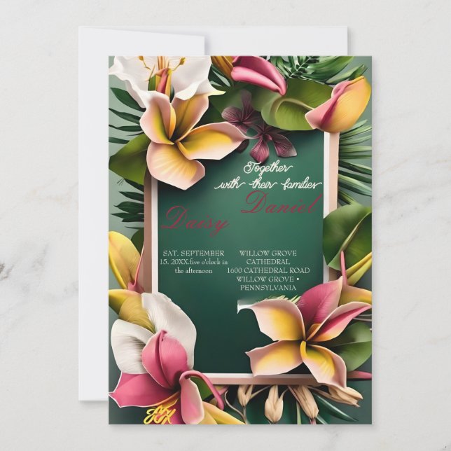Invitation Aquarelle Fleurs tropicales et Mariage vert I (Devant)