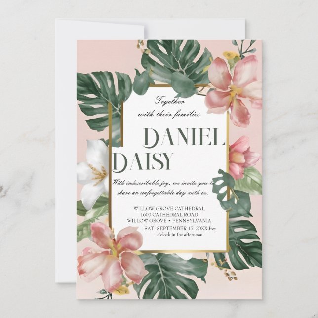 Invitation Aquarelle Fleurs tropicales et Mariage vert I (Devant)