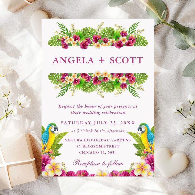 Invitation Aquarelle Fleurs Tropicales et Perroquets Mariage (Créateur téléchargé)
