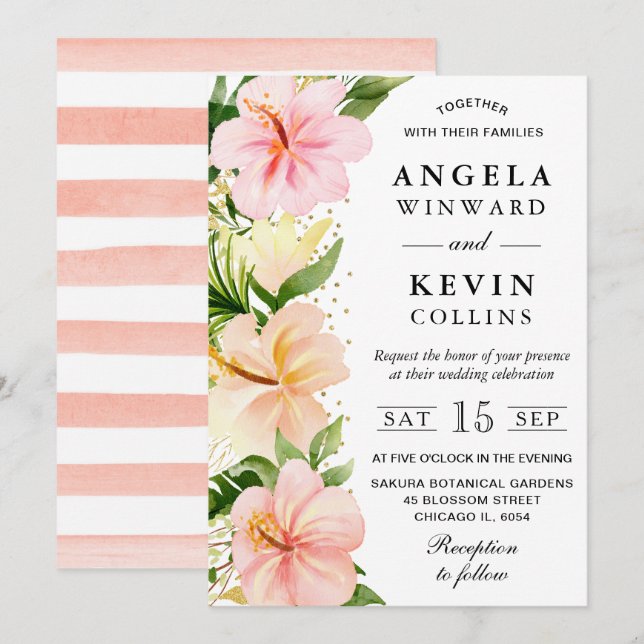 Invitation Aquarelle Fleurs Tropicales Roses Mariage (Devant / Derrière)