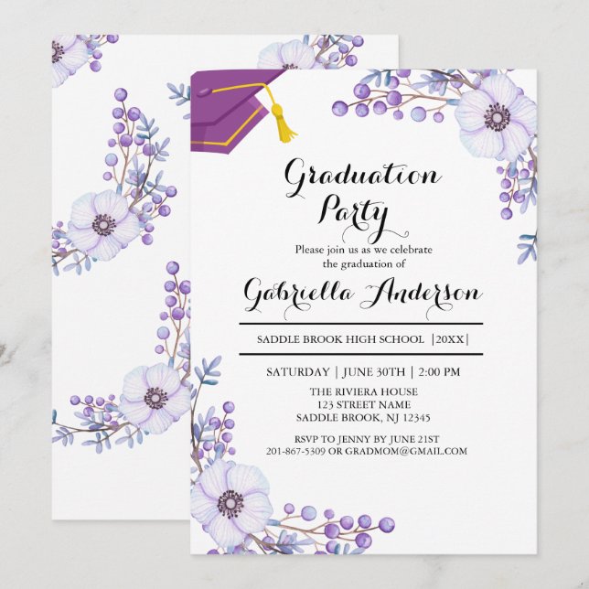 Invitation Aquarelle Fleurs Violettes de Printemps pour la Re (Devant / Derrière)