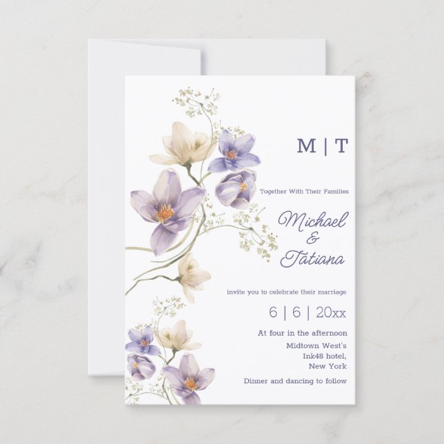 Invitation aquarelle fleurs violettes écriture moderne mariag (Devant)