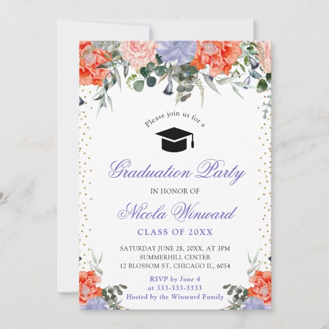 Invitation Aquarelle Fleurs Violettes et Orange Diplôme (Devant)