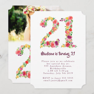 Invitation Aquarelle Floral Anniversaire 21 ans Photo en form