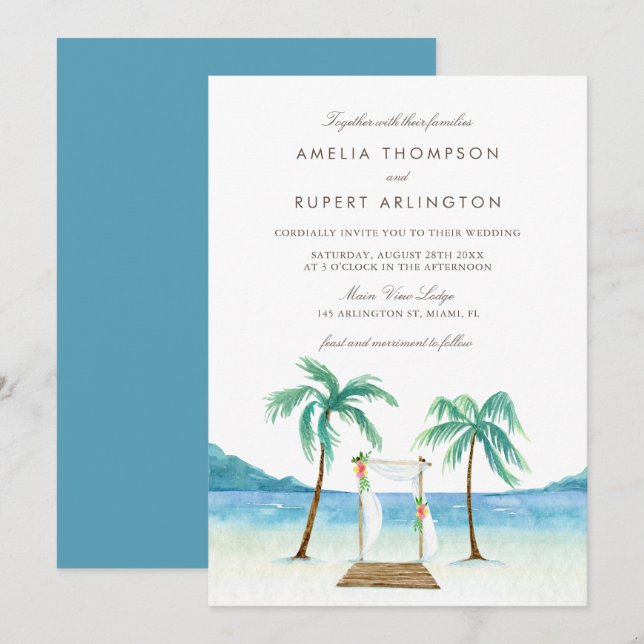 Invitation Aquarelle Floral Arbor Plage tropicale Mariage (Devant / Derrière)