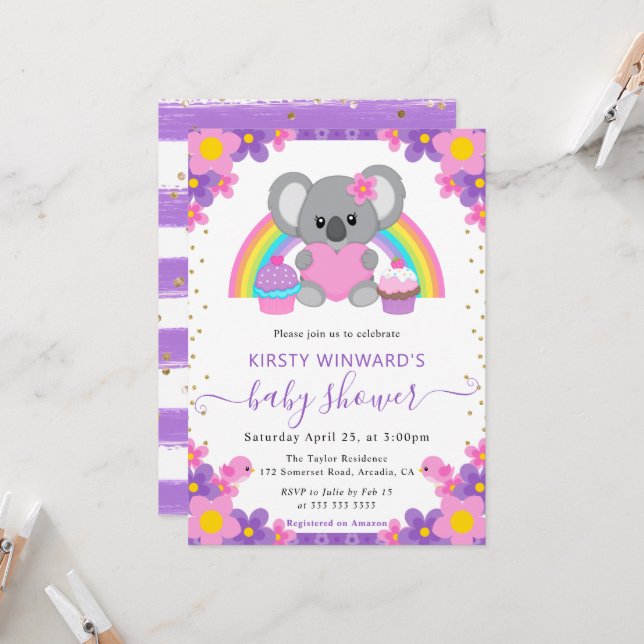 Invitation Aquarelle Floral Arc-en-ciel Baby shower Koala (Devant/Arrière en situation)
