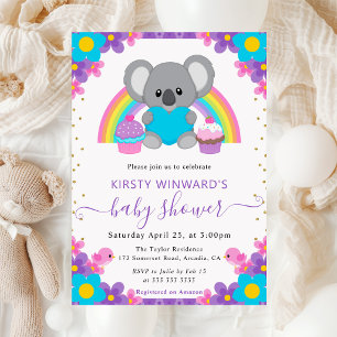 Invitation Aquarelle Floral Arc-en-ciel Baby shower Koala