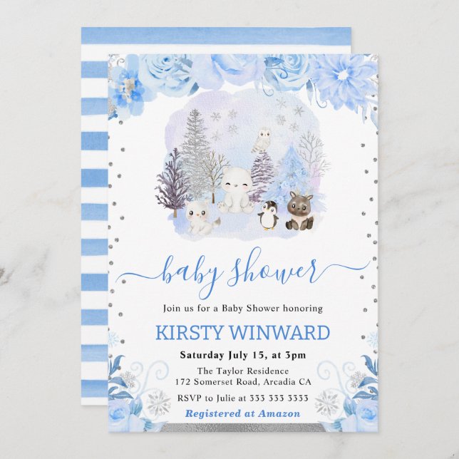 Invitation Aquarelle Floral Arctic Animaux Baby shower (Devant / Derrière)