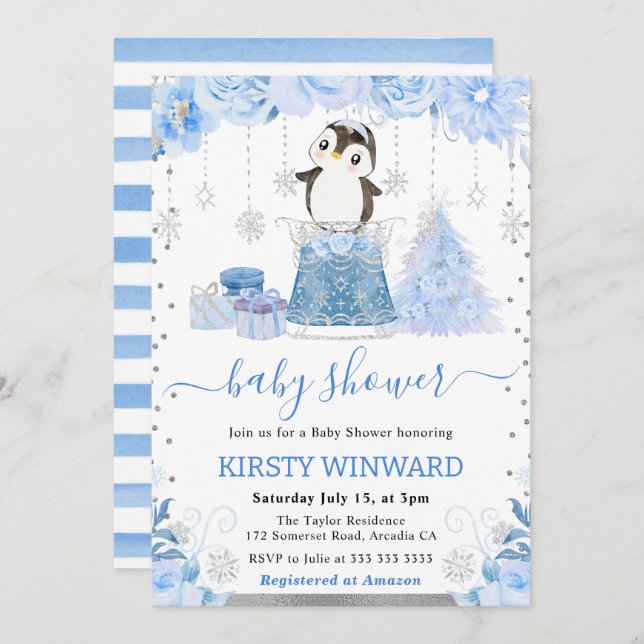 Invitation Aquarelle Floral Arctic Penguin Baby shower (Devant / Derrière)