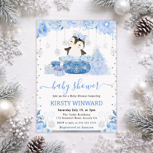 Invitation Aquarelle Floral Arctic Penguin Baby shower