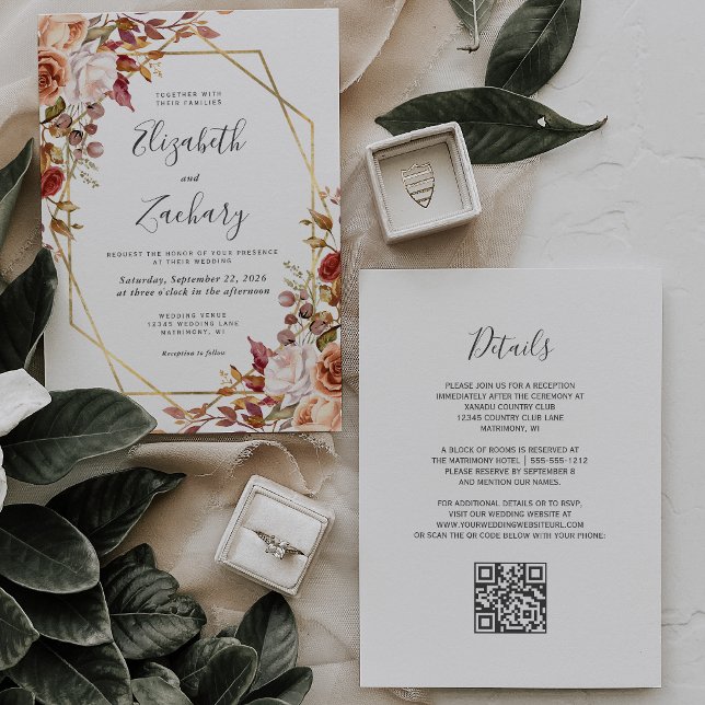 Invitation Aquarelle Floral Automnal Code QR Or Mariage (Créateur téléchargé)