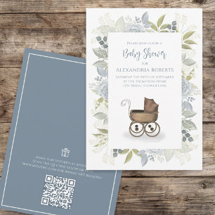 Invitation Aquarelle Floral Baby Blue QR Code Cadeau Registre