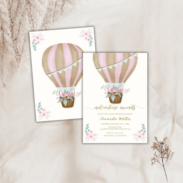 Invitation Aquarelle Floral Baby shower à ballon à air chaud (Watercolor Floral Hot Air Balloon Baby Shower Invitation)