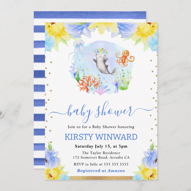 Invitation Aquarelle Floral Baby shower d'animaux sous-marins (Devant / Derrière)