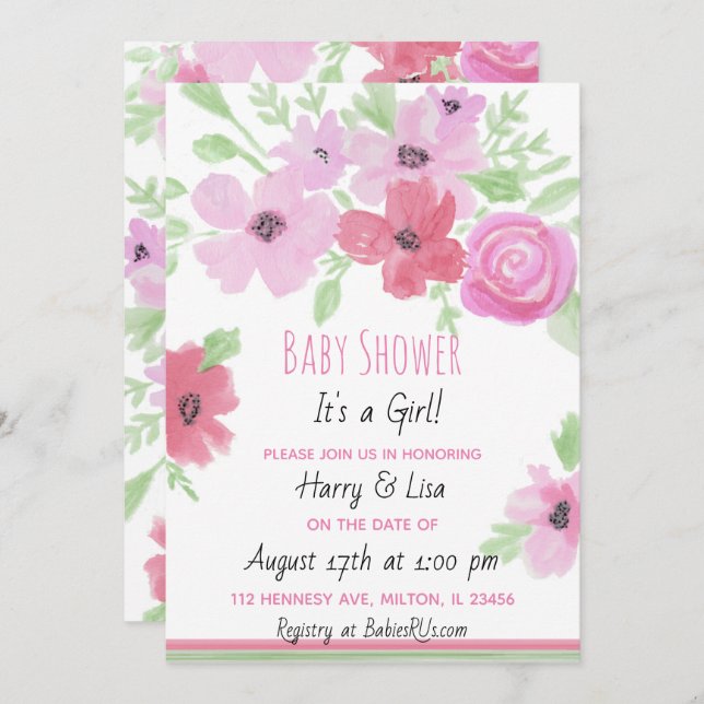 Invitation Aquarelle Floral Baby shower de fille (Devant / Derrière)