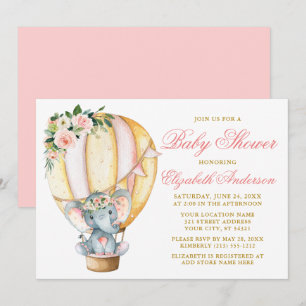 Invitation Aquarelle Floral Balloon Elephant Baby shower