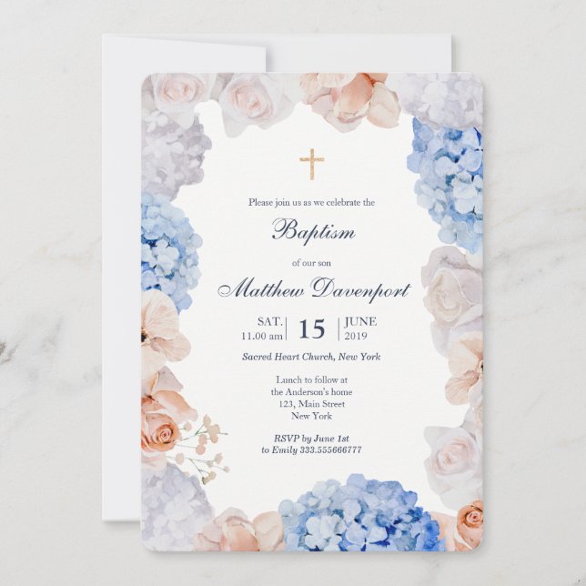 Invitation Aquarelle Floral Baptême invité garçon et fille (Devant)