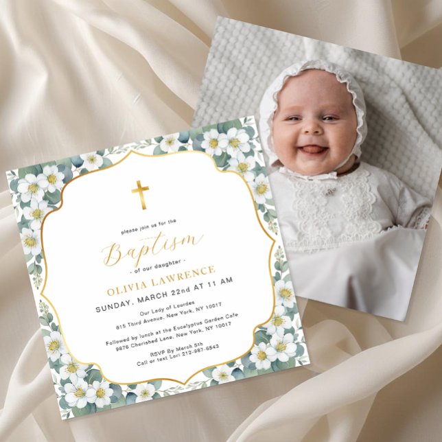 Invitation Aquarelle Floral Baptism Gold Cross (Photo Baptism Invitation)