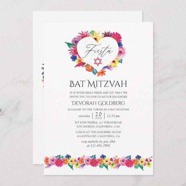Invitation Aquarelle Floral Bat mitzvah Fiesta (Devant / Derrière)