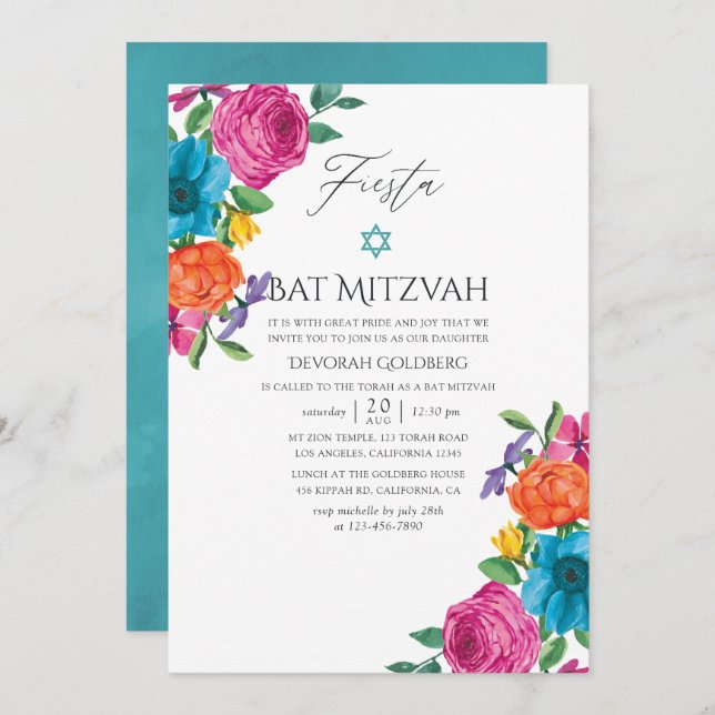 Invitation Aquarelle Floral Bat mitzvah Fiesta (Devant / Derrière)
