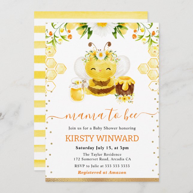 Invitation Aquarelle Floral Bee Baby shower (Devant / Derrière)