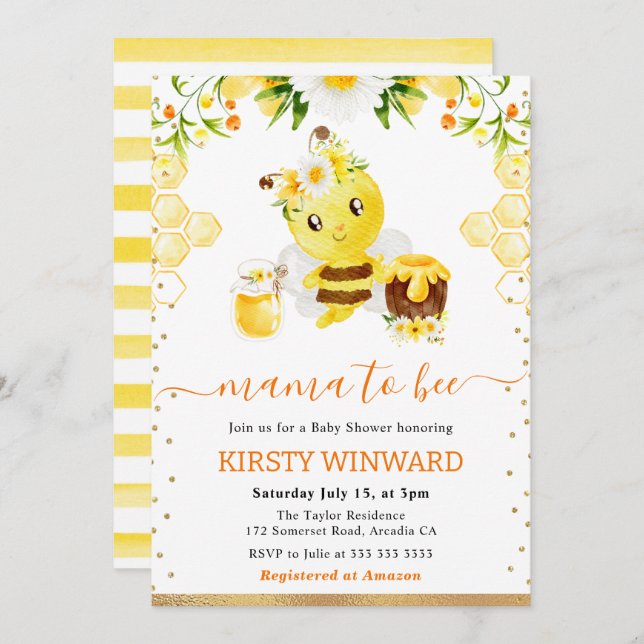Invitation Aquarelle Floral Bee Baby shower (Devant / Derrière)