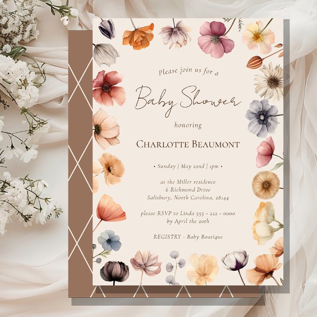 Invitation Aquarelle Floral Beige Baby shower neutre pour les (Créateur téléchargé)