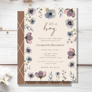 Invitation Aquarelle Floral Beige C'est un Baby shower garçon