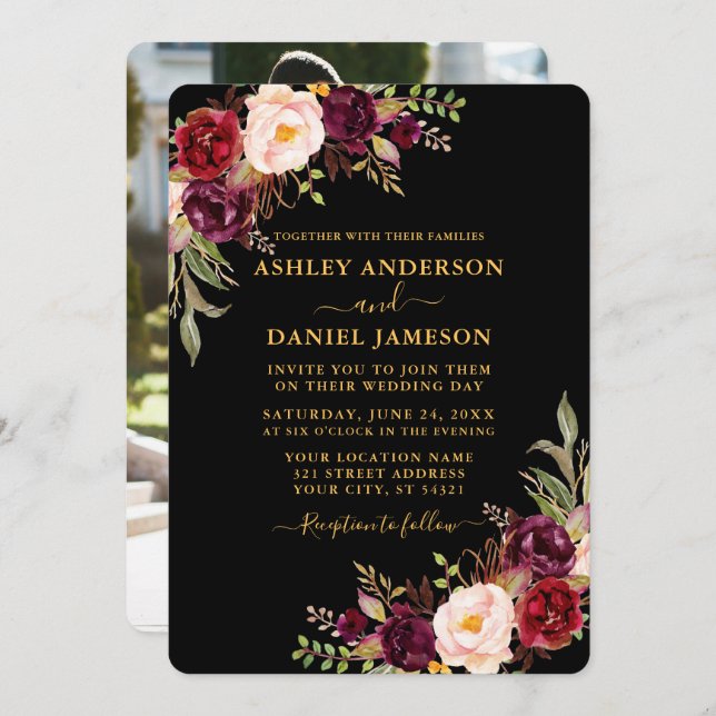 Invitation Aquarelle Floral Black Gold Mariage photo (Devant / Derrière)