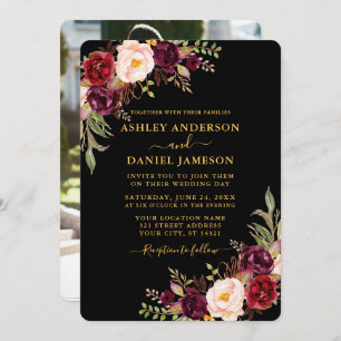 Invitation Aquarelle Floral Black Gold Mariage photo