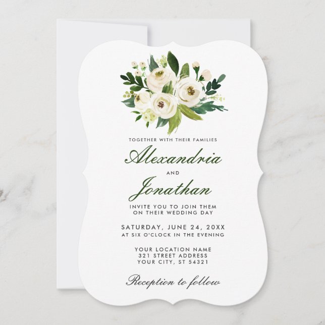 Invitation Aquarelle Floral Blanc Vert Mariage Inviter BR (Devant)