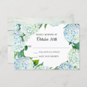 Invitation Aquarelle Floral Bleu Blanc Hydrangée Bois rustiqu