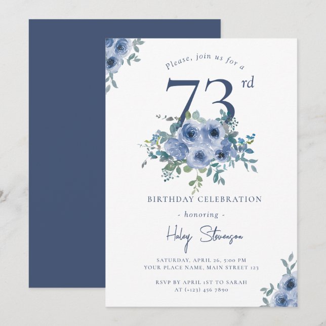 Invitation Aquarelle Floral Bleu Poussiéreux 73ème Anniversai (Devant / Derrière)