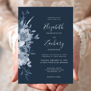 Invitation Aquarelle Floral Bleu Poussiéreux Mariage Nuit