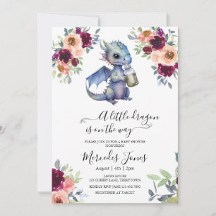 Invitation Aquarelle Floral bleu violet Baby shower Dragon