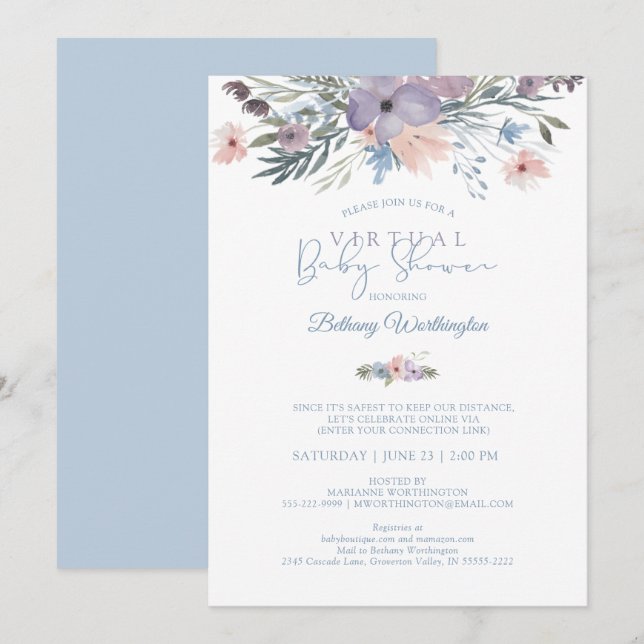 Invitation Aquarelle Floral Bleu Violet Baby shower virtuel (Devant / Derrière)