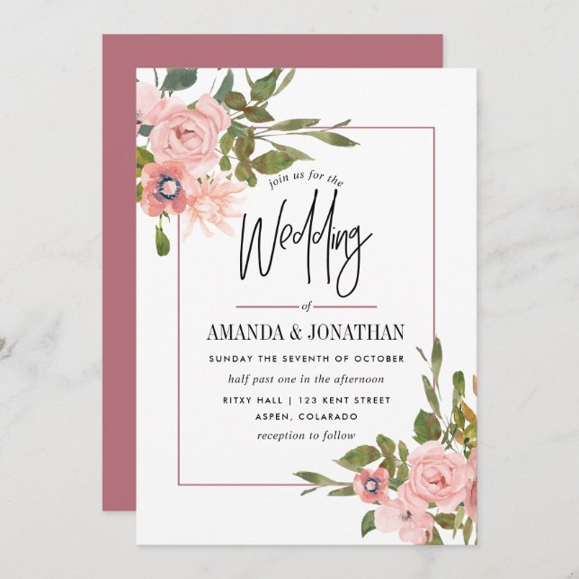 Invitation Aquarelle floral Blush et Rose Mariage or (Devant / Derrière)