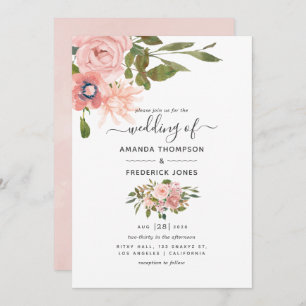 Invitation Aquarelle floral Blush et Rose Mariage or