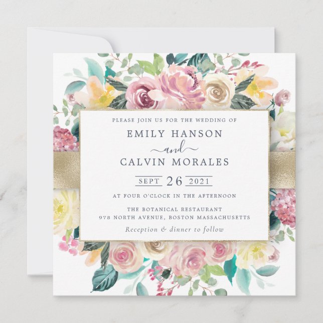 Invitation Aquarelle Floral Blush Greenery Gold Frame (Devant)